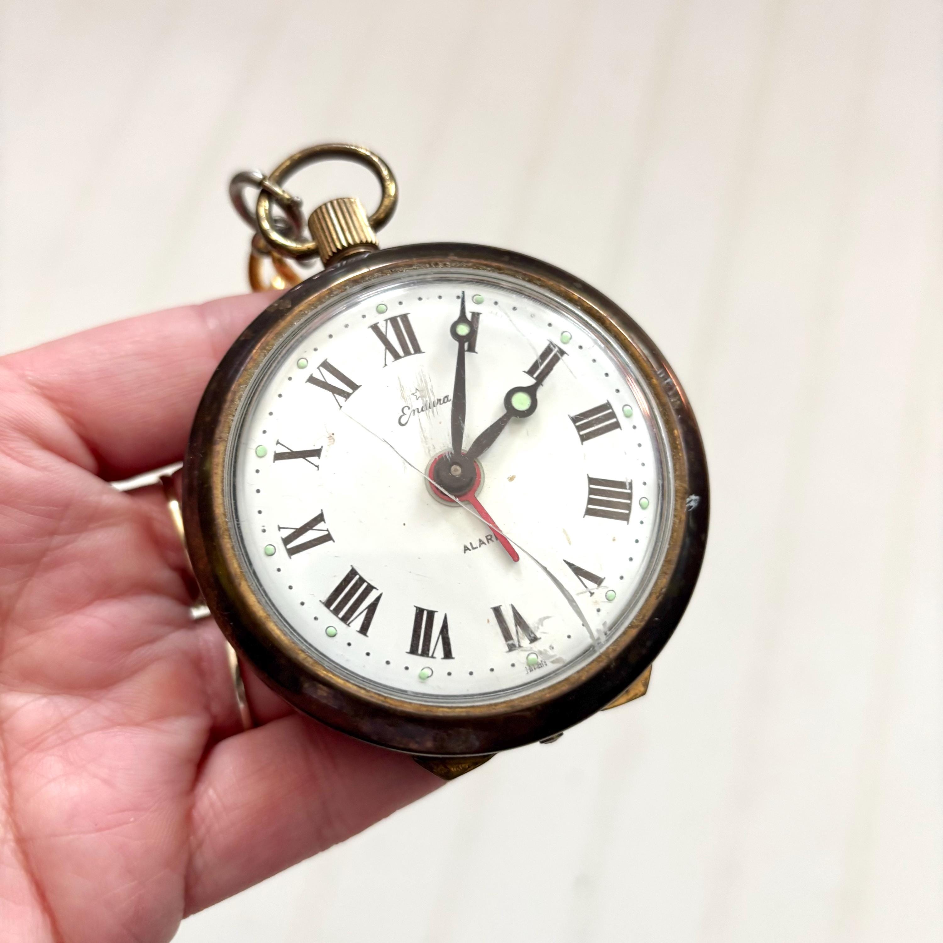 Vintage Endura Brass Pocket Watch Alarm Clock, Nightstand Tabletop