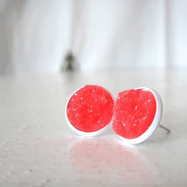 Druzy Studs of Sparkly Coral Red in White Post Earrings