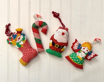 Vintage Handmade Stuffed Christmas Tree Ornaments, Set of Four, Santa, Angel, Candy Cane, Toy Filled Stocking, Holiday Decorations