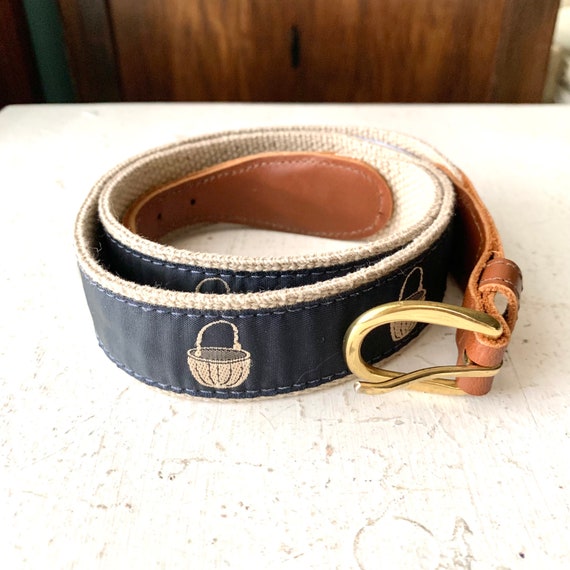Vintage Preston Leather Fabric Belt Preppy Basket Pattern Navy