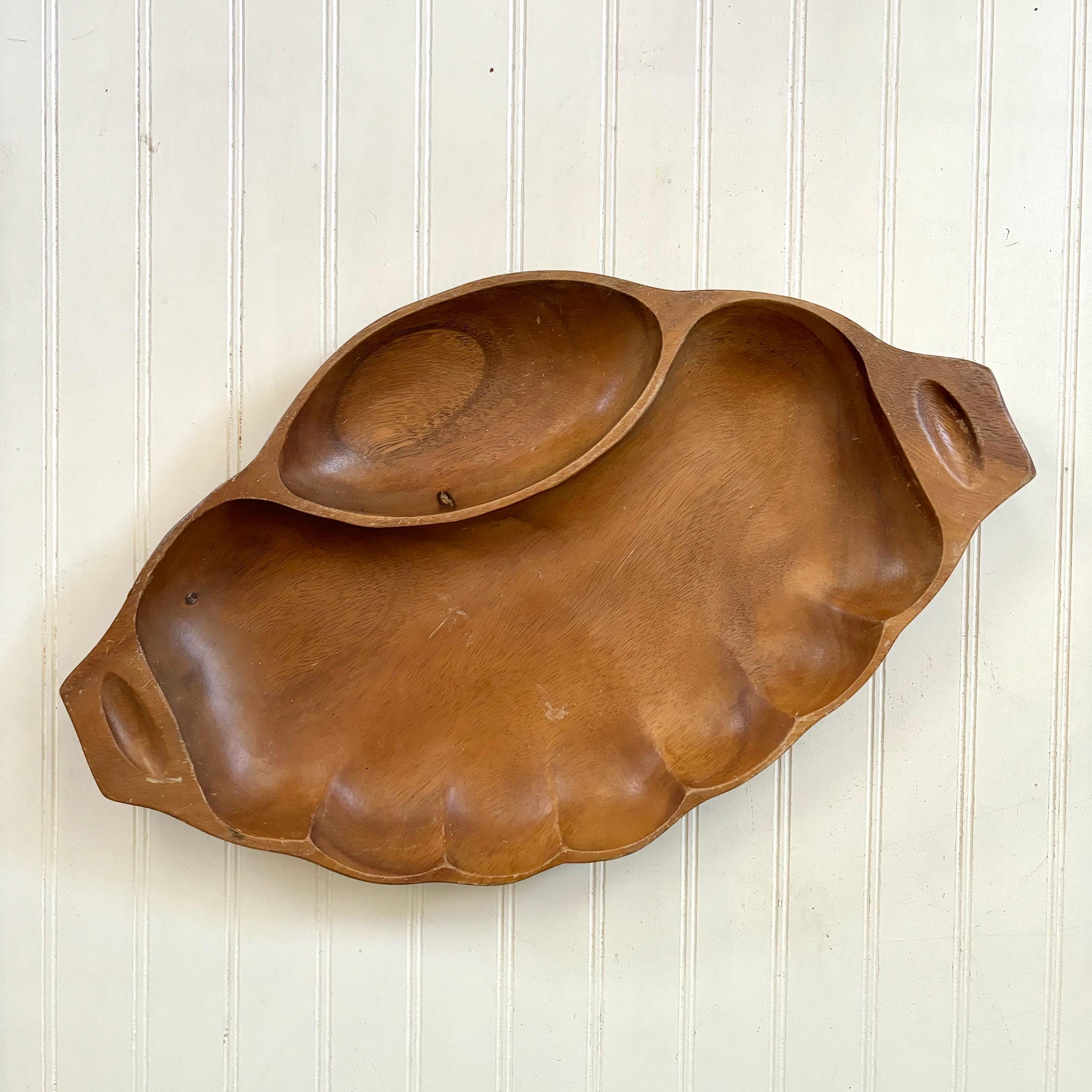 Vintage Hand Carved Wood Tray, Scalloped Platter, Handles, Midcentury Serving, Wooden Centerpiece, Boho Farmhouse Home Decor, Spectacular