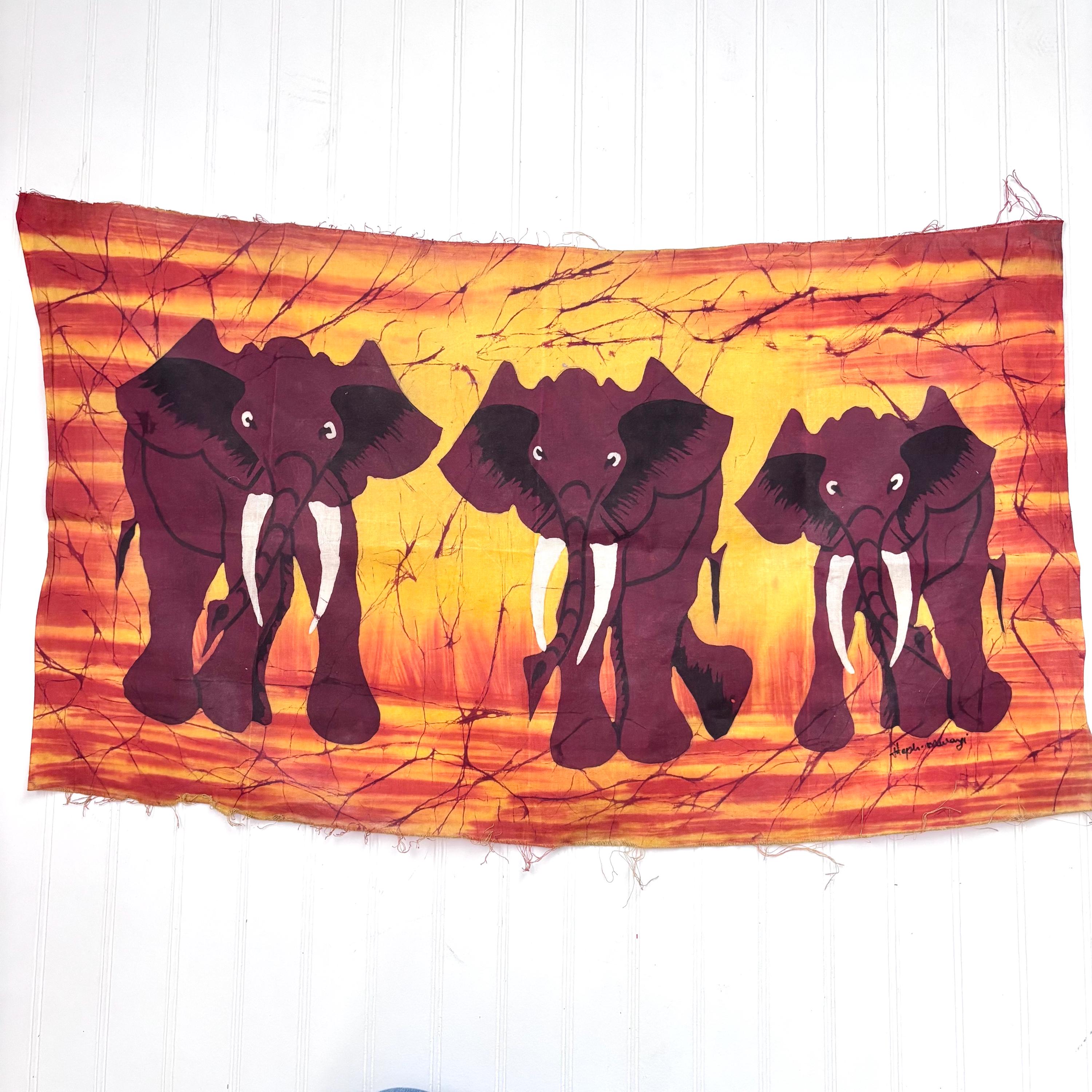 Vintage Handmade Batik Elephant Art Cloth, Kenya Africa Vacation Souvenir, Artist Signed