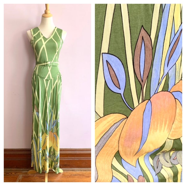 Size Small Vintage Green Summer Dress, Mac Tac of Paris, Midcentury Belted Maxi, 1960s Vibrant Floral Nylon Sleeveless, Beautifully Tailored