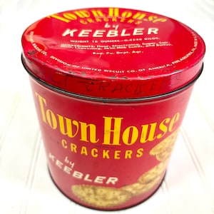 Vintage Metal Keebler Town House Cracker Tin, Red and Yellow, Cocktail Hour Cracker Snacks, Fancy Storage Organization, Secrets, Home Decor