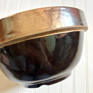 Vintage Brown Stoneware Pottery Mixing Bowl, Large Brown Glaze, Unglazed Top and Bottom Band Lip for Two-Tone, Primitive Kitchen Home Decor
