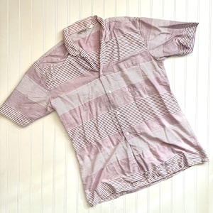 Vintage Mens Short Sleeve Button Down Shirt, Essentials, XL, 100% Cotton, Purple White Stripe, 1980s 1990s, Cruise Wear, Summer