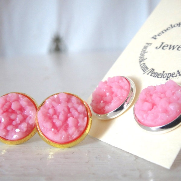 Druzy Stud Post Earrings of Sparkly Bubblegum Pink in Silver or Gold