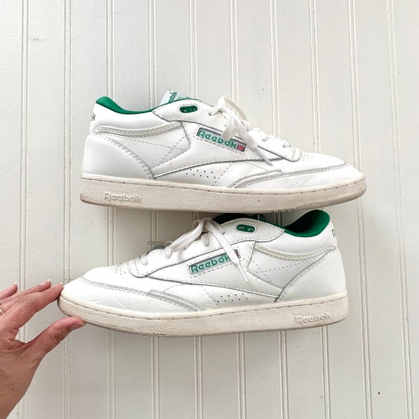 Size 12 Mens Vintage Reebok Club C Mid Sneakers, Gym Shoes, Chalk, Glen Green, Classic White, Athlete's Shoe, Leather, 1980s Logos, Champion