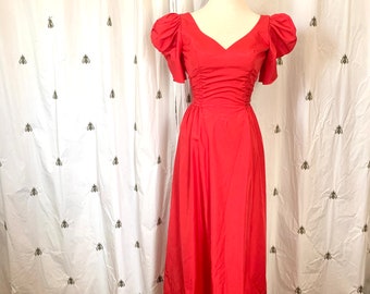 Size XS Small Vintage Red Formal Dress, Cherry Red, Puffy Short Sleeves, Nipped Waist, Long Floor Length, Valentine, Prom, 1970s 1980s Party
