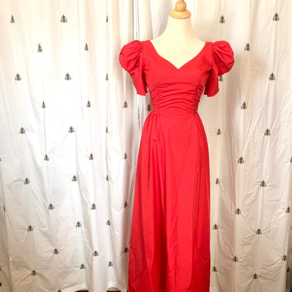 Size XS Small Vintage Red Formal Dress, Cherry Red, Puffy Short Sleeves, Nipped Waist, Long Floor Length, Valentine, Prom, 1970s 1980s Party