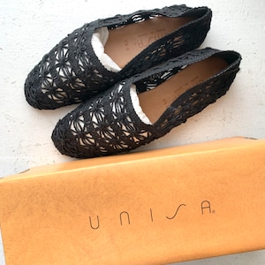 Size 6 1/2 Vintage Black Unisa Flats, Woven Fabric, Talbots Womens Shoes, New In Box, Summer Beach Slip ons, Never Worn, Made in Spain
