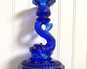 ヴィンテージ コバルトブルー ガラス キャンドルホルダー、鯉