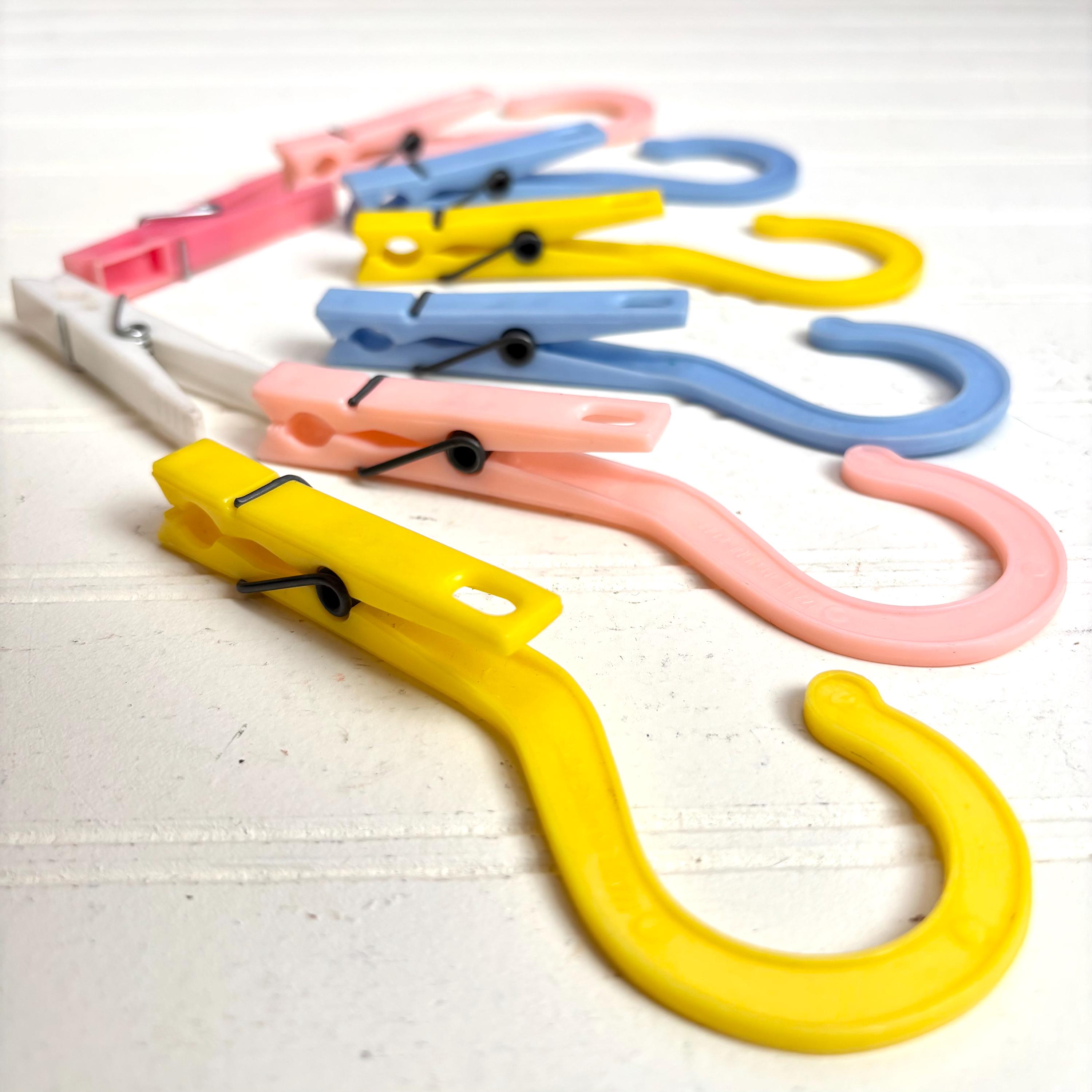 Vintage Plastic Clothespins Hangers, Baby Nursery, Kids Room Closet, 6 Hangers and 2 Clothespins, Pink, Yellow, Blue, Hong Kong, Midcentury