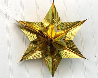 Vintage Plastic Foil Tinsel Fold Star Christmas Decoration, Gold 3D Star, Party Decor, Hanging 6 Point Star, Christmas Ceiling Decor