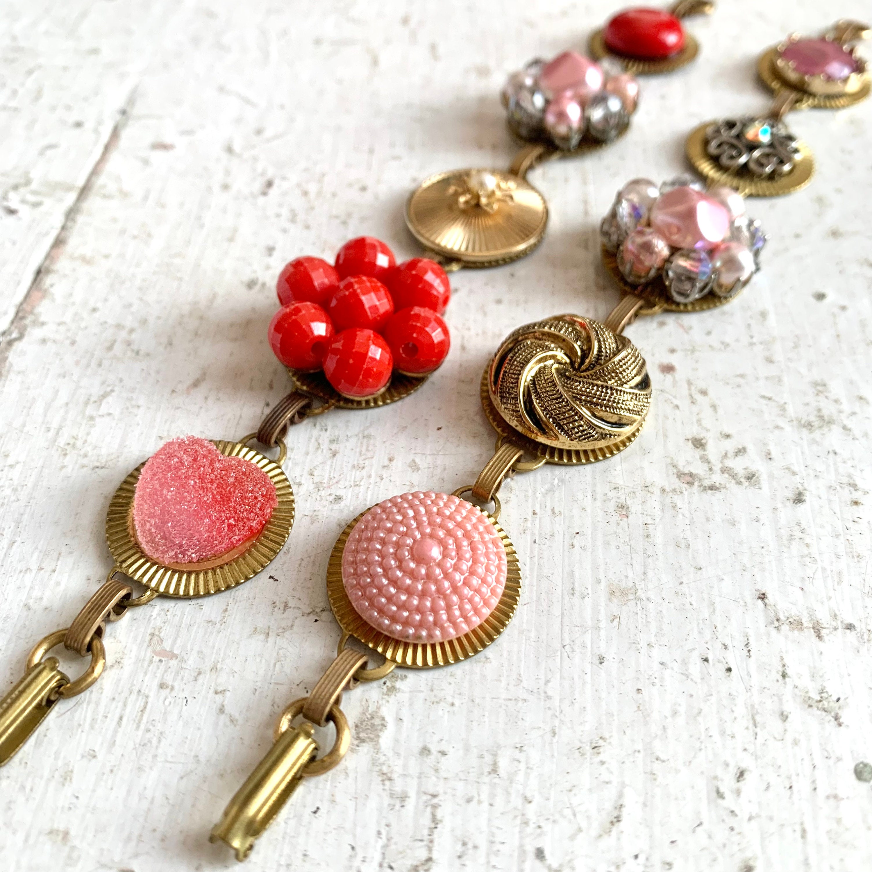 Upcycled Pink & Red Brass Charm Bracelet, One-of-a-Kind Vintage Jewelry