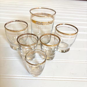 Vintage Gold Trim Barware Glasses, Mismatched Set of Six, Tumbler, Shot Glasses, Aperetif, Limoncello, MidCentury Cocktail, Drinking Glasses