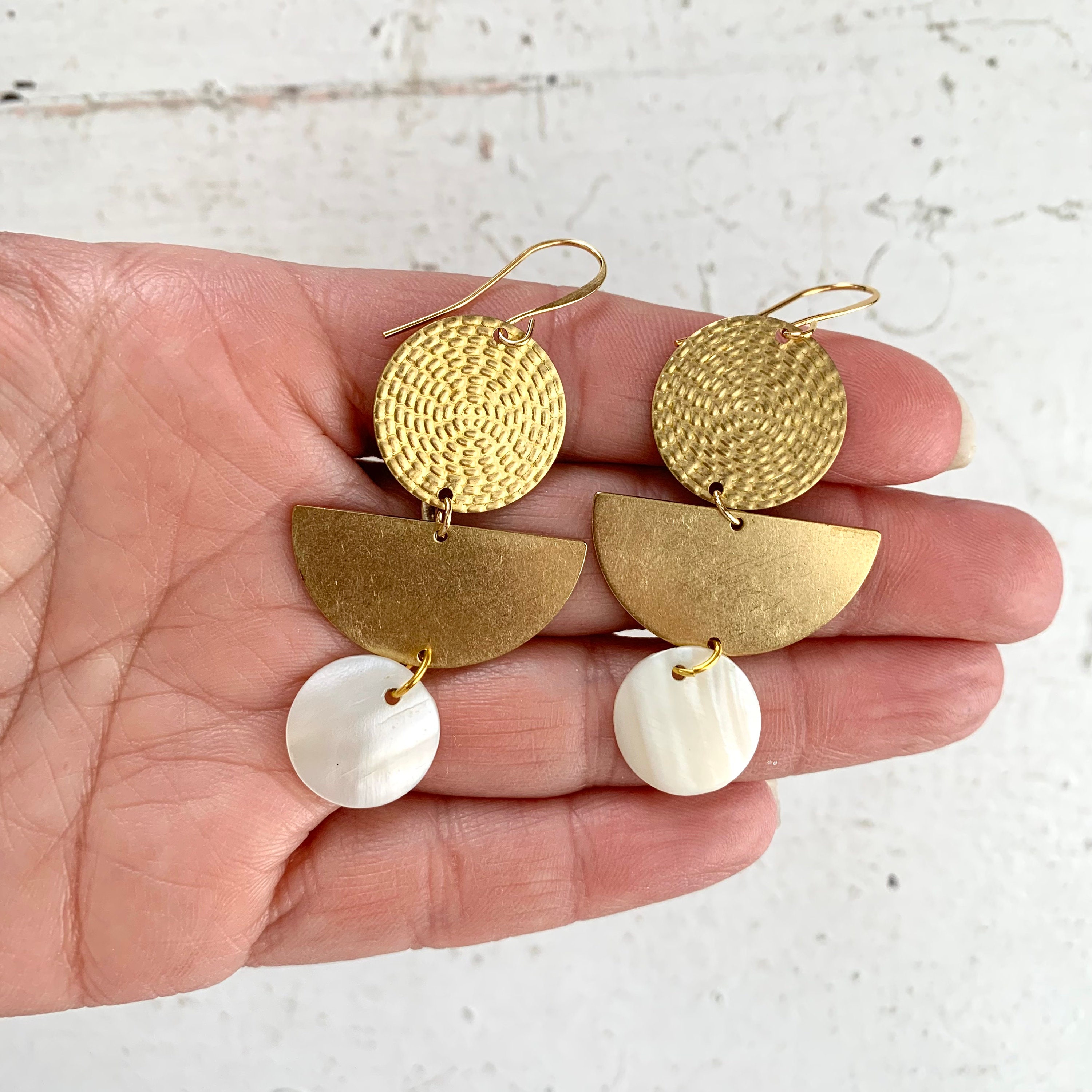 Raw Brass Mother Capiz Shell Earrings, Gold Raw Brass Geometric Links ...