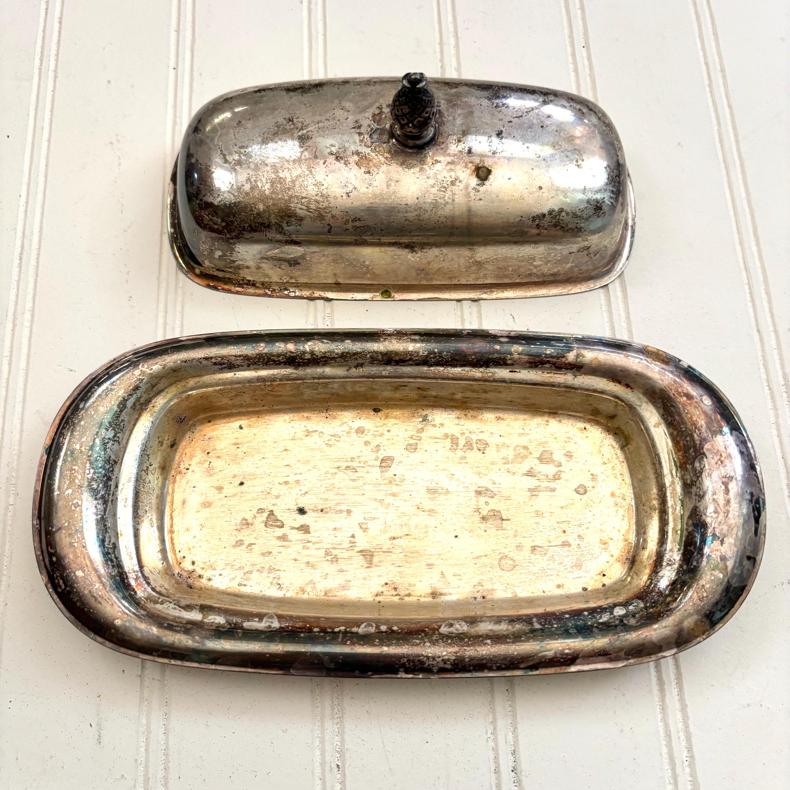 Vintage Silver Plate Butter Dish With Lid, Pineapple Handle, WM
