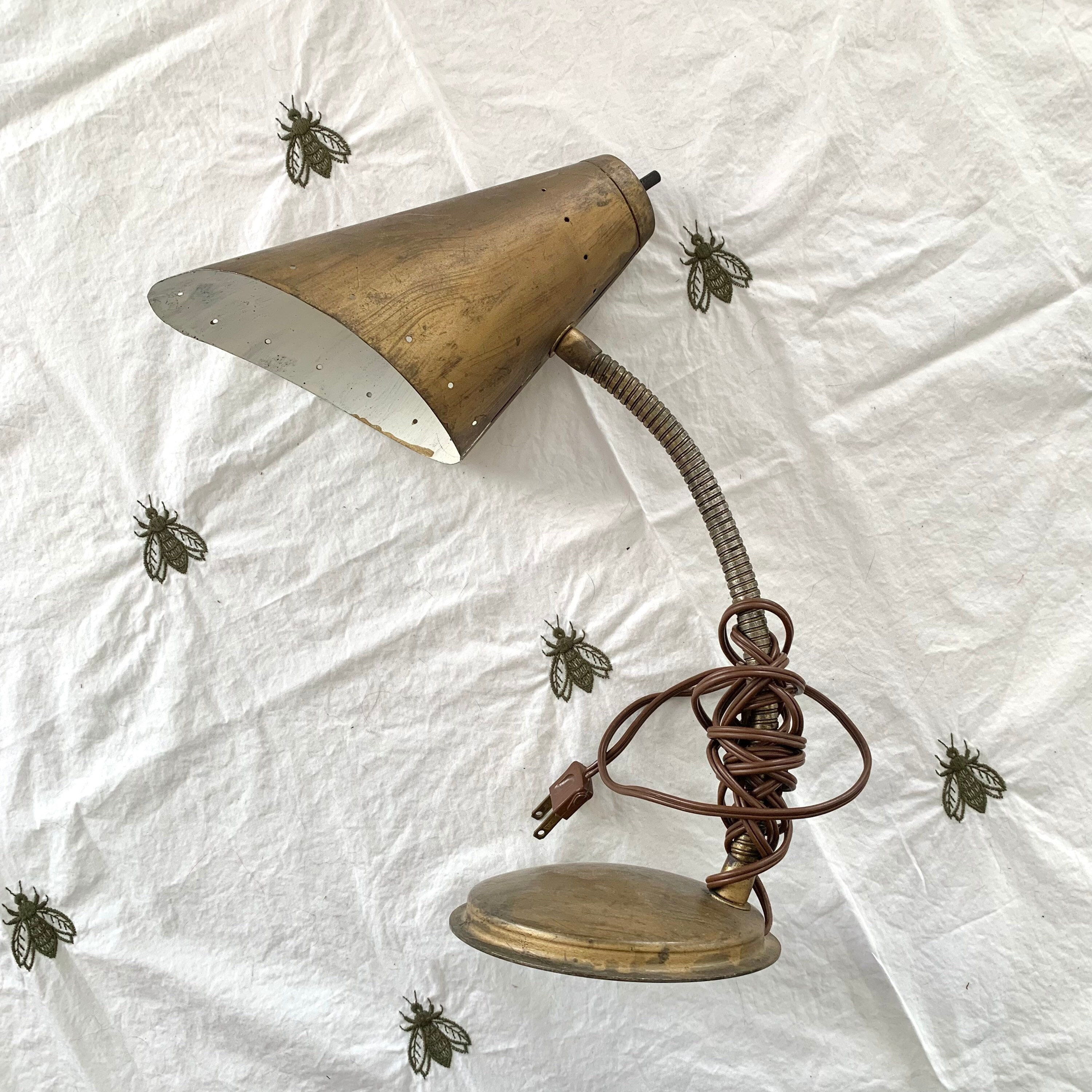 Vintage Gooseneck Task Lamp, Antique Gold Metal, Mid-century Desk