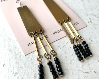 Brass Chandelier Beaded Earrings, Bar Drops with Bead Stacks in Sparkly Jet Black Crystals from Raw Brass Shields, Lightweight Statement