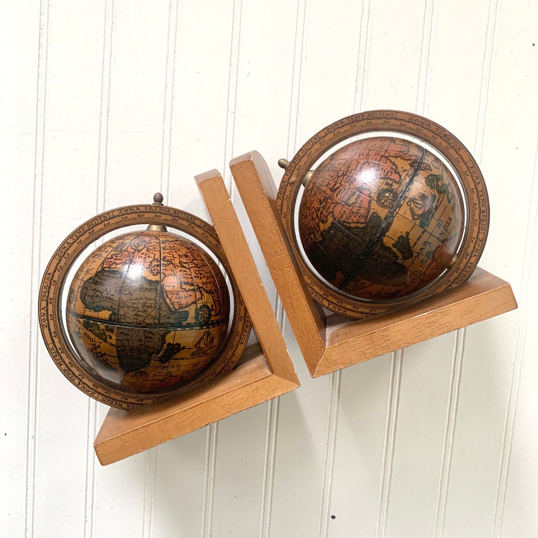 Vintage Italian Wood Globe Bookends Made in Italy Library Etsy