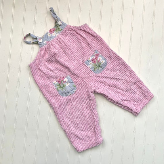 Vintage Baby Clothes, Pink Chenille Overalls, Siz… - image 1