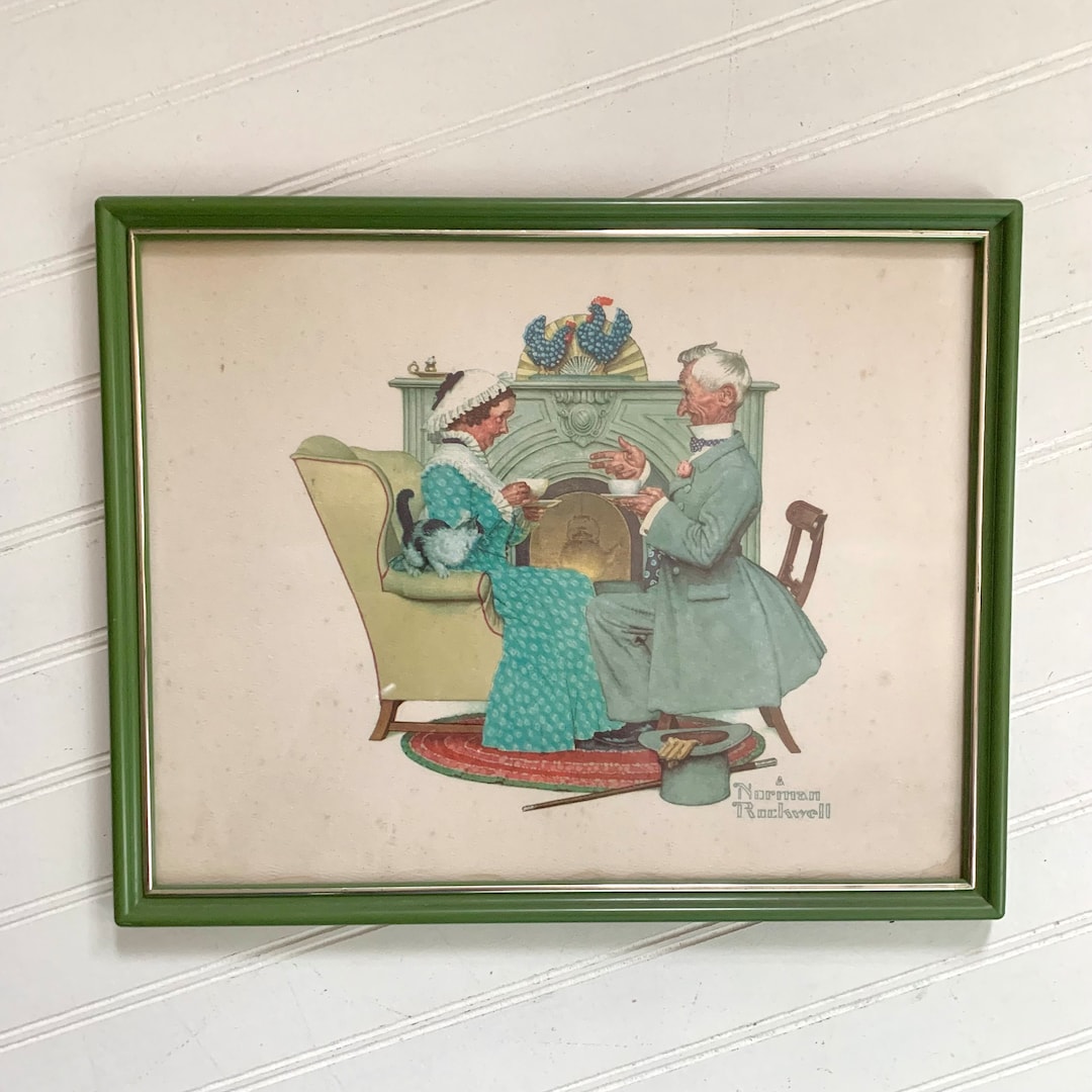 Vintage Norman Rockwell Print Wall Art, Green Acrylic Frame, Gaily