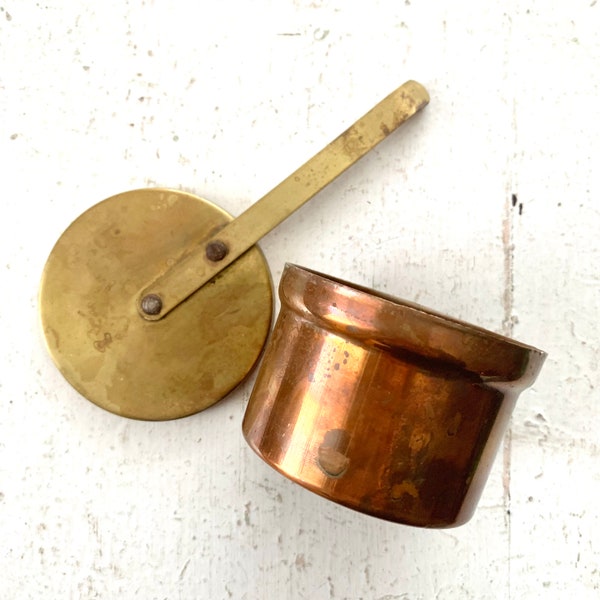 Vintage Copper and Brass Pot, Early Burner Fuel Container, Copper Pot, Brass Top with Handle, Collectible Midcentury MCM Kitchen