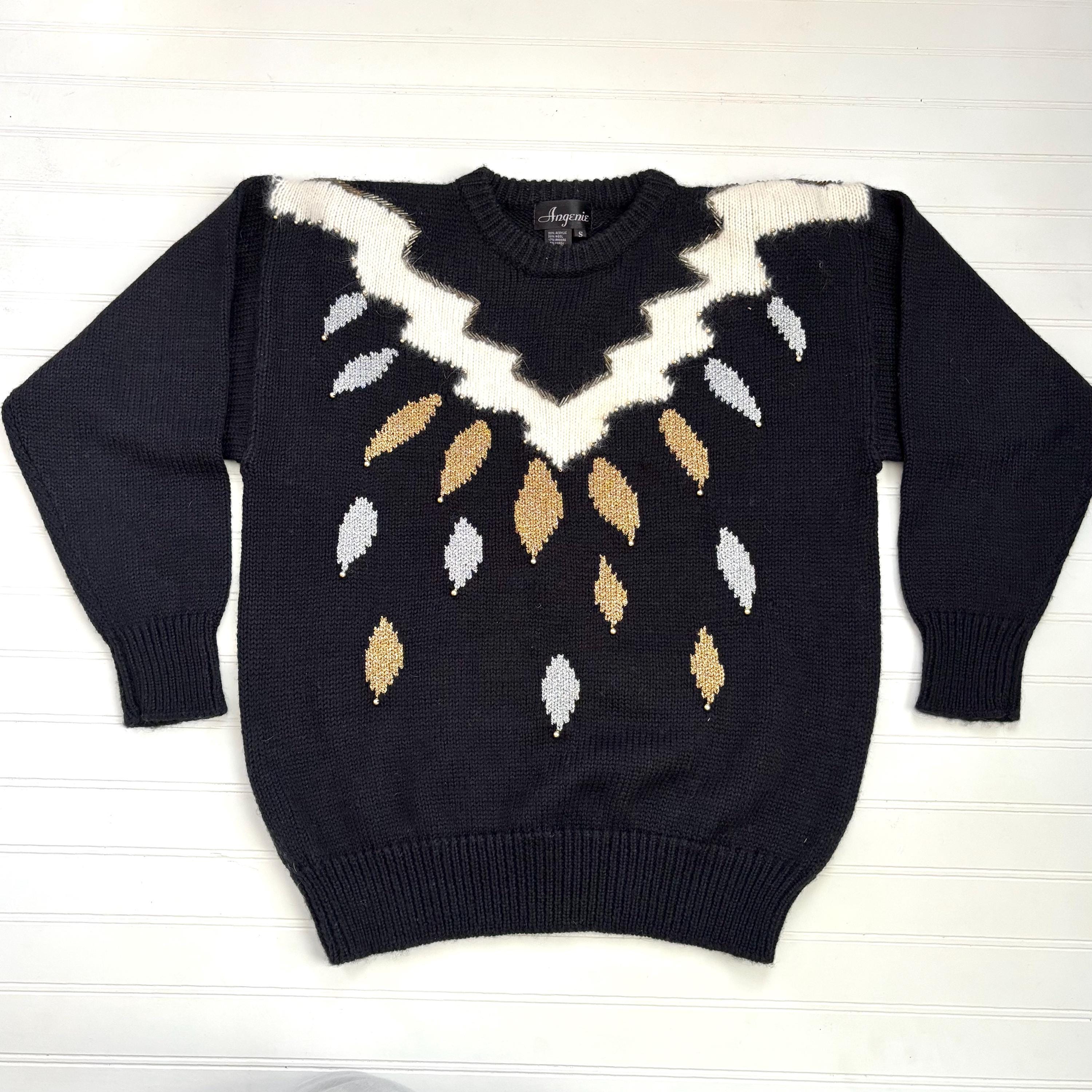 Vintage Black Beaded Angora Sweater, 1980s Style (Size Small)