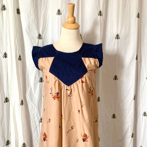 Size Small Vintage Peach Floral and Denim Dress, … - image 7