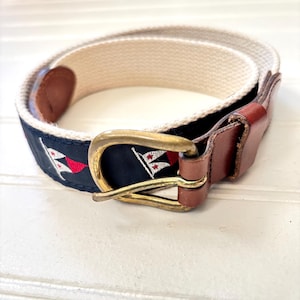 Vintage Leather Man Nautical Flag Fabric Belt, Preppy, Red White, Navy Blue, Canvas, Size 28, Solid Brass Buckle, Made in Essex CT USA