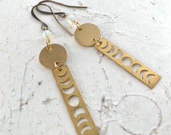 Moondance Earrings, Phases of the Moon, Raw Brass, Lightweight Laser Cut Moon Pendant Drops, White Opal Crystal, Brass Disc, French Ear Wire
