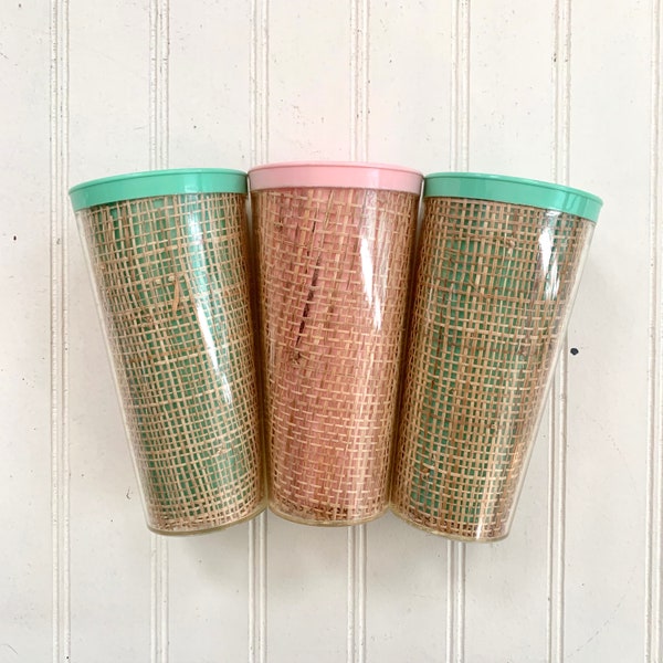 Vintage Raffia Ware Tumbler Cups, 1 Pink and 2 Green, Three Plastic Melmac with Burlap look Raffia Fill in  Retro Tiki Midcentury Bar Ware