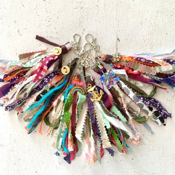 Boho Handmade Fabric Charm Tassels Keychains Purse Tassel Clip Mixed Materials Vintage Fabric Yarn Leather One of a Kind Accessories Etsy