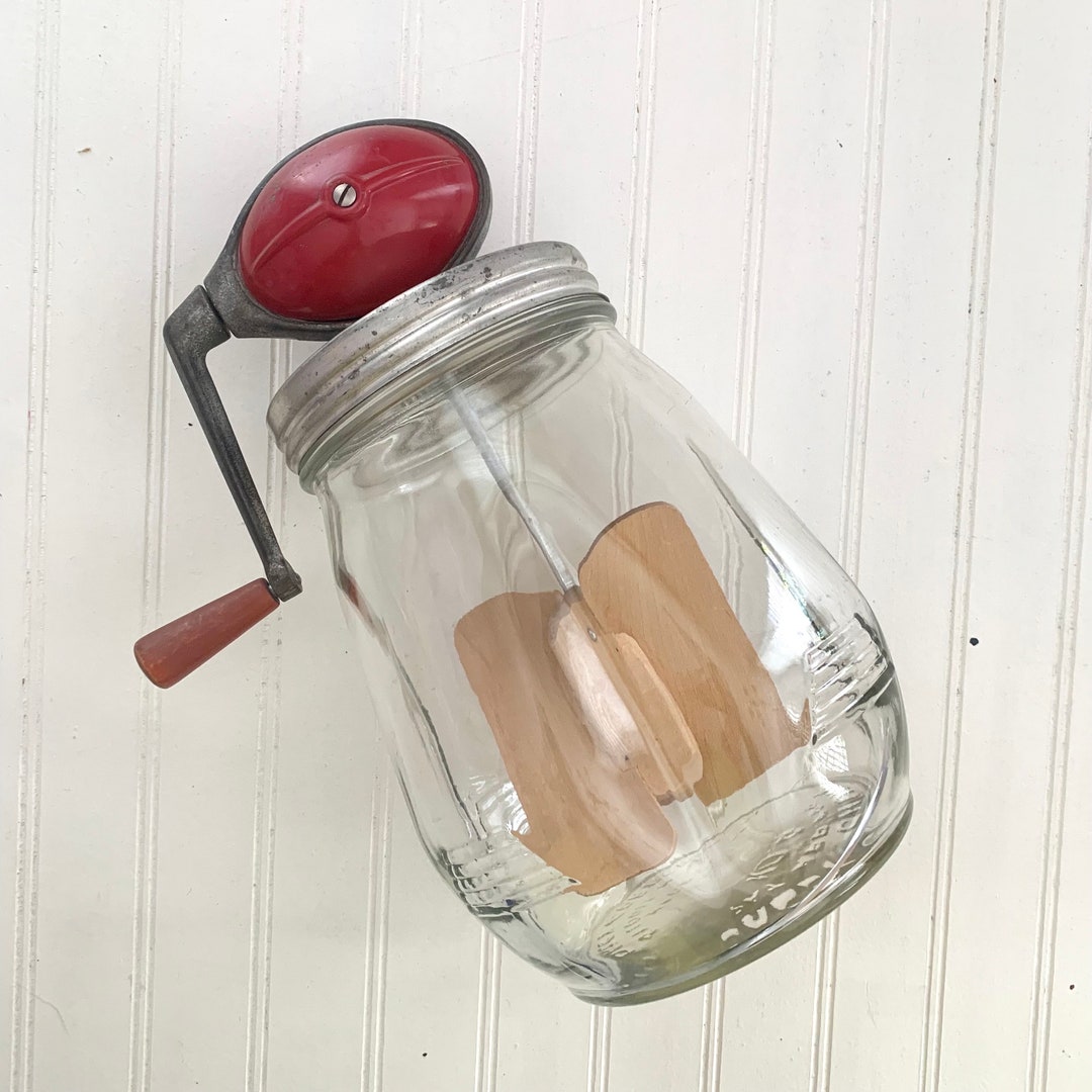 Vintage Dazey Butter Churn Glass Jar, Red Hand Crank Lid, Homemade