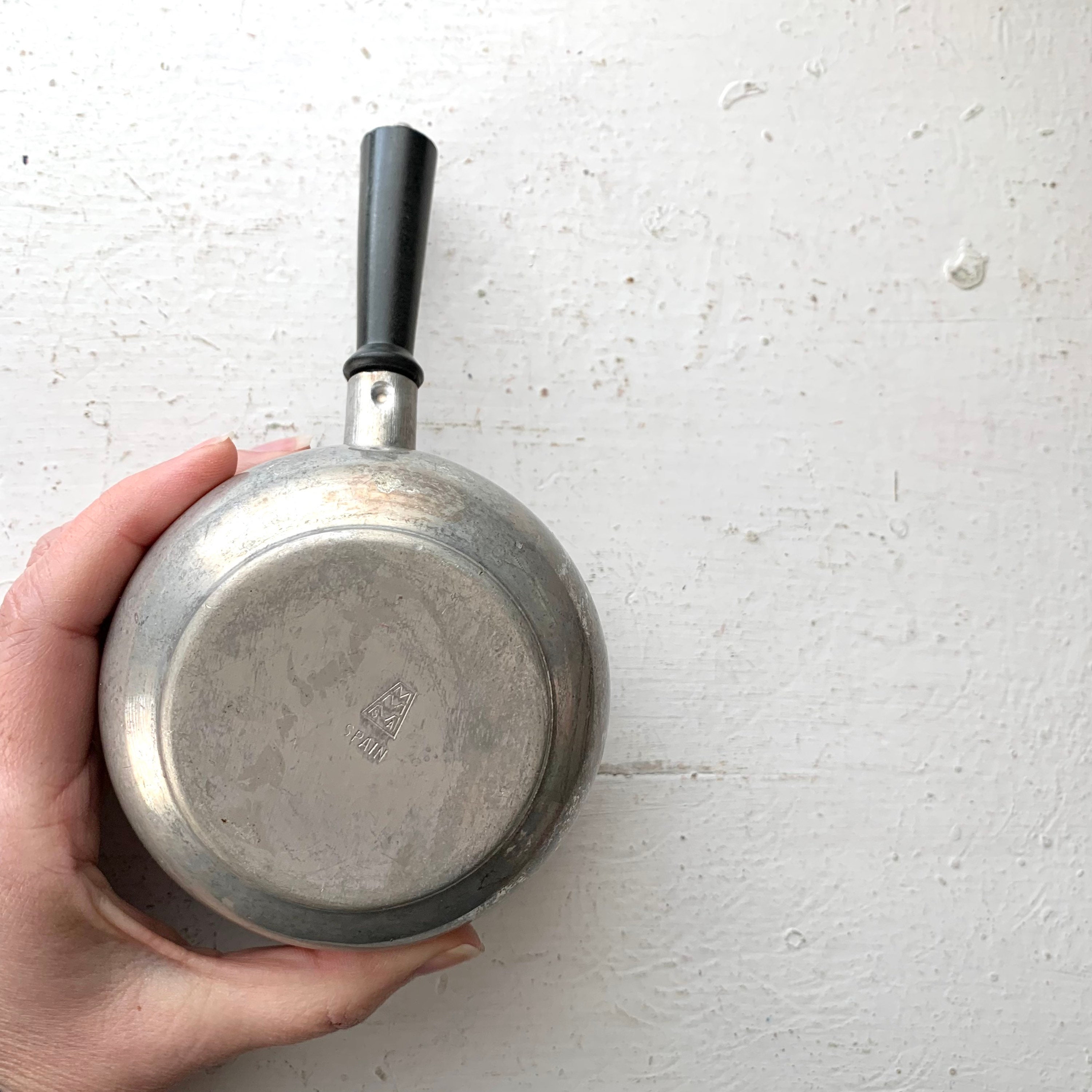 Vintage Aluminum Silver Sauce Pot, MMM Spain, Black Handle Vintage Aluminum Silver Sauce Pot, MMM Spain, Black Handle