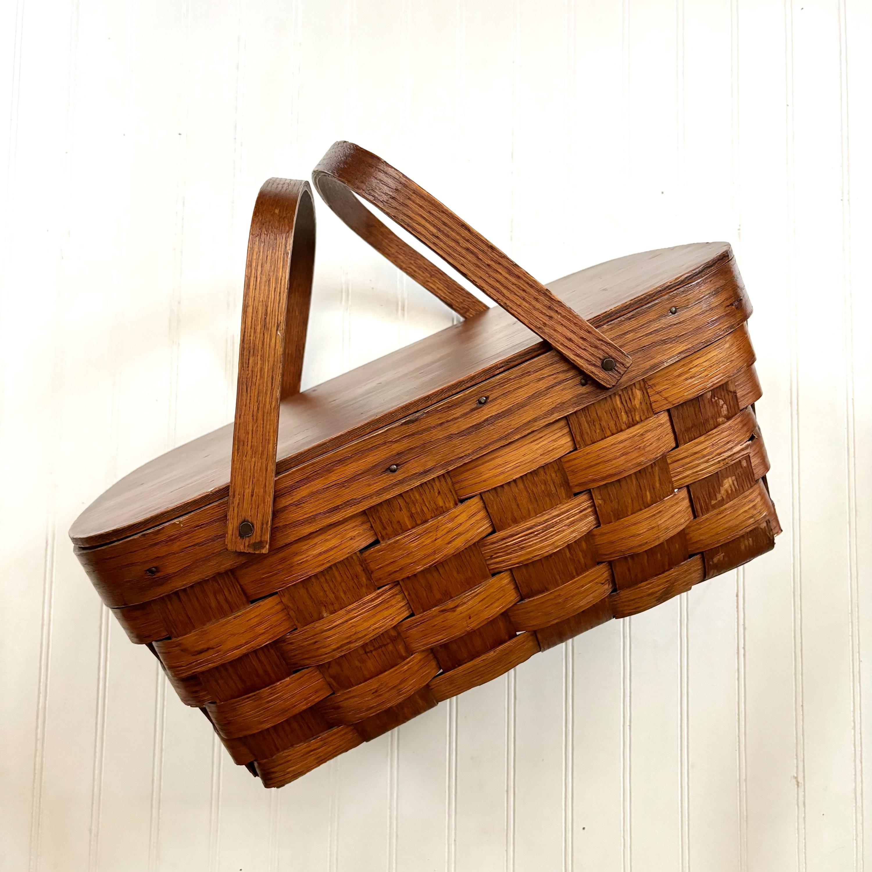 Vintage Woven Picnic Basket, Hinged Wooden Lid, Boho Farmhouse