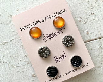 Harvest Moon Theme Earrings, Druzy Trio of Sparkly Stud Posts, Orange, Silver, Black Studs, Small Round Earrings to Keep or Gift