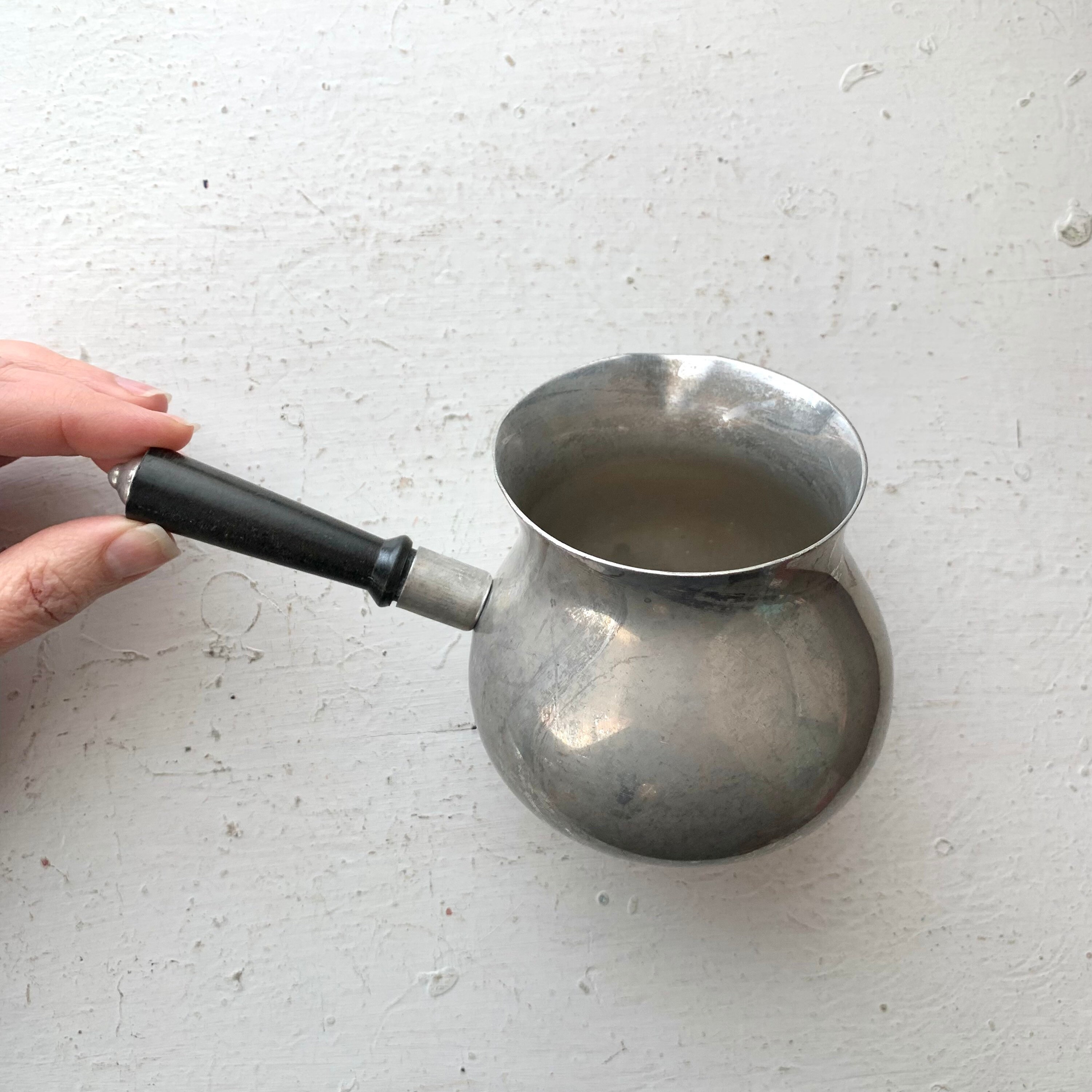 Vintage Aluminum Silver Sauce Pot, MMM Spain, Black Handle