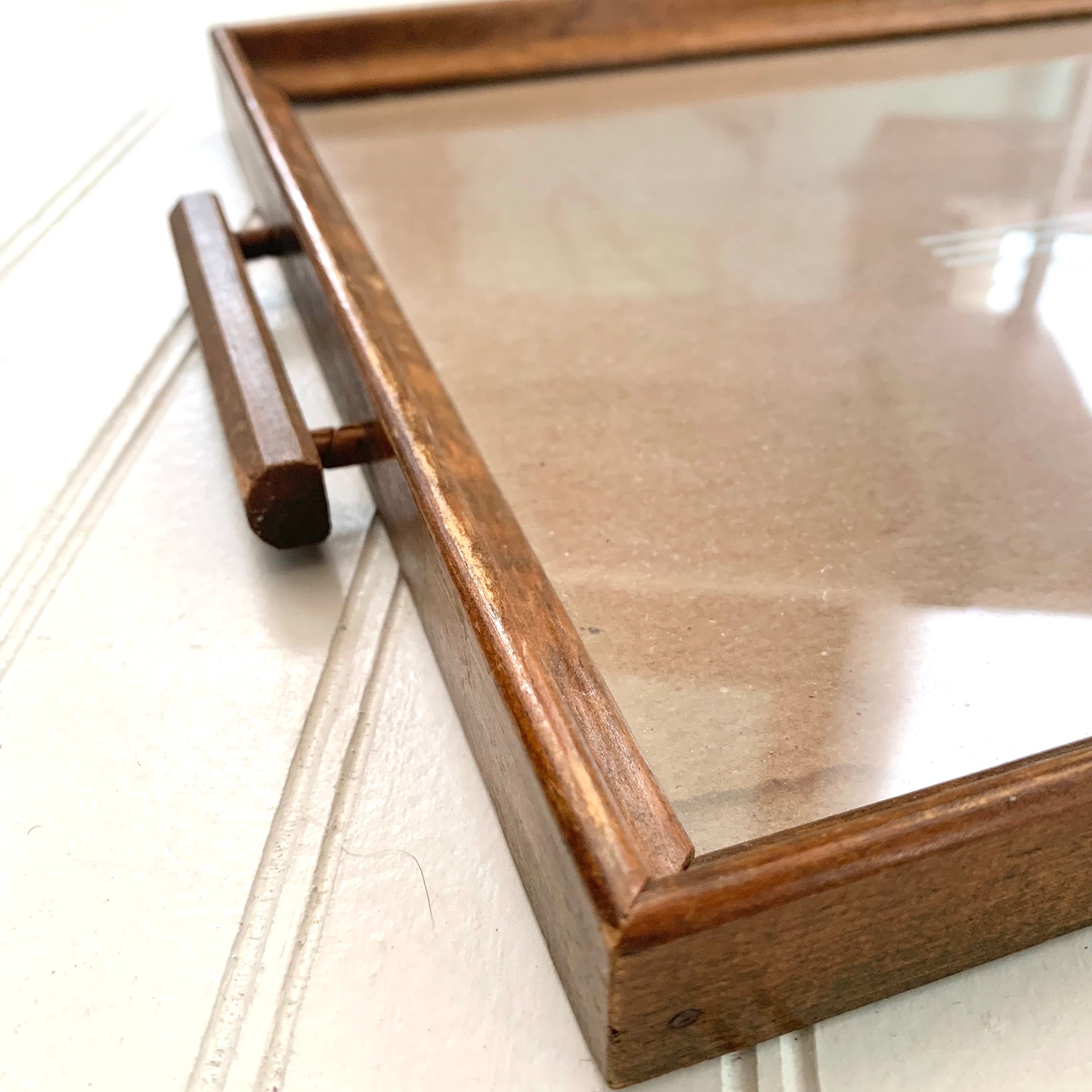 Vintage Wood Tray With Glass Inlay and Handles, Dresser