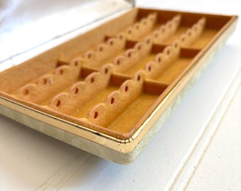 Vintage Mele Jewelry Box, Floral Beige Travel Case, Gold Velvet Interior