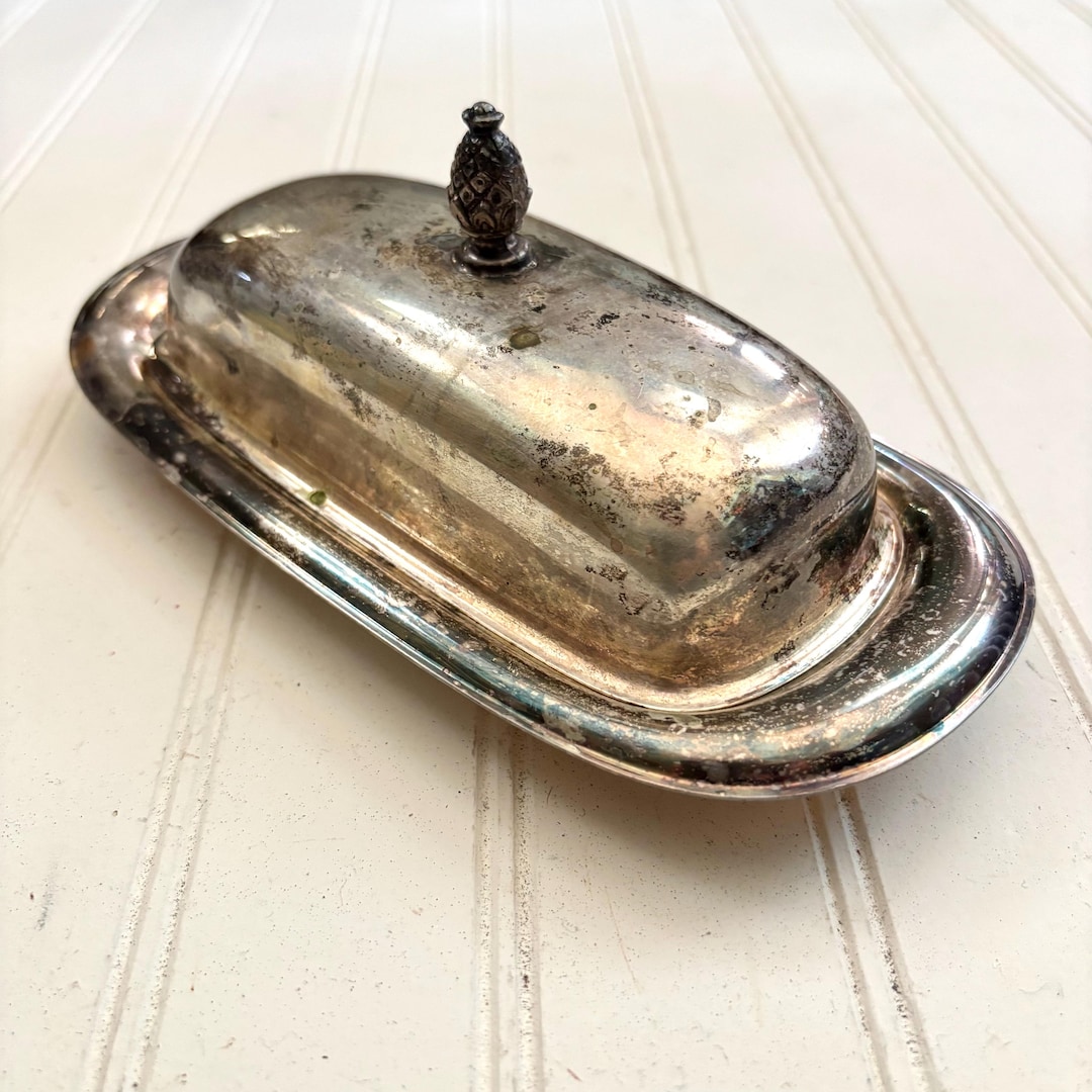 Vintage Silver Plate Butter Dish With Lid, Pineapple Handle, WM