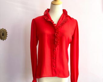Size Small Vintage Womens Red Ruffle Blouse, Button Down Ruffle Placket, Stand Up or Down Collar, Long Sleeve Ruffle Cuffs, Midcentury 1970s