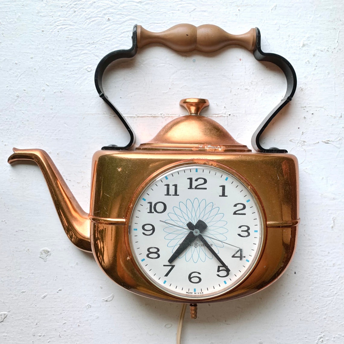 Vintage Teapot Electric Wall Clock Copper Color Blue Atomic Etsy
