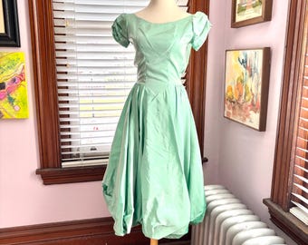 alfred angelo green dress Vintage 1990s Iridescent Formal - Short Gathered Fabric Full Bubble Skirt Shiny Strapless Evening Gown Maxi dress