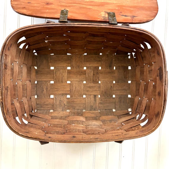 Vintage Woven Picnic Basket, Hinged Wooden Lid, Boho Farmhouse
