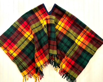Vintage Wool Plaid Poncho Coat, 1970s Boho Fringe Hem