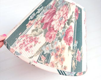 Vintage Floral Print Bell Lamp Shade, Green Pink Ivory, Accordion Pleated Fabric, Home Decor, Medium