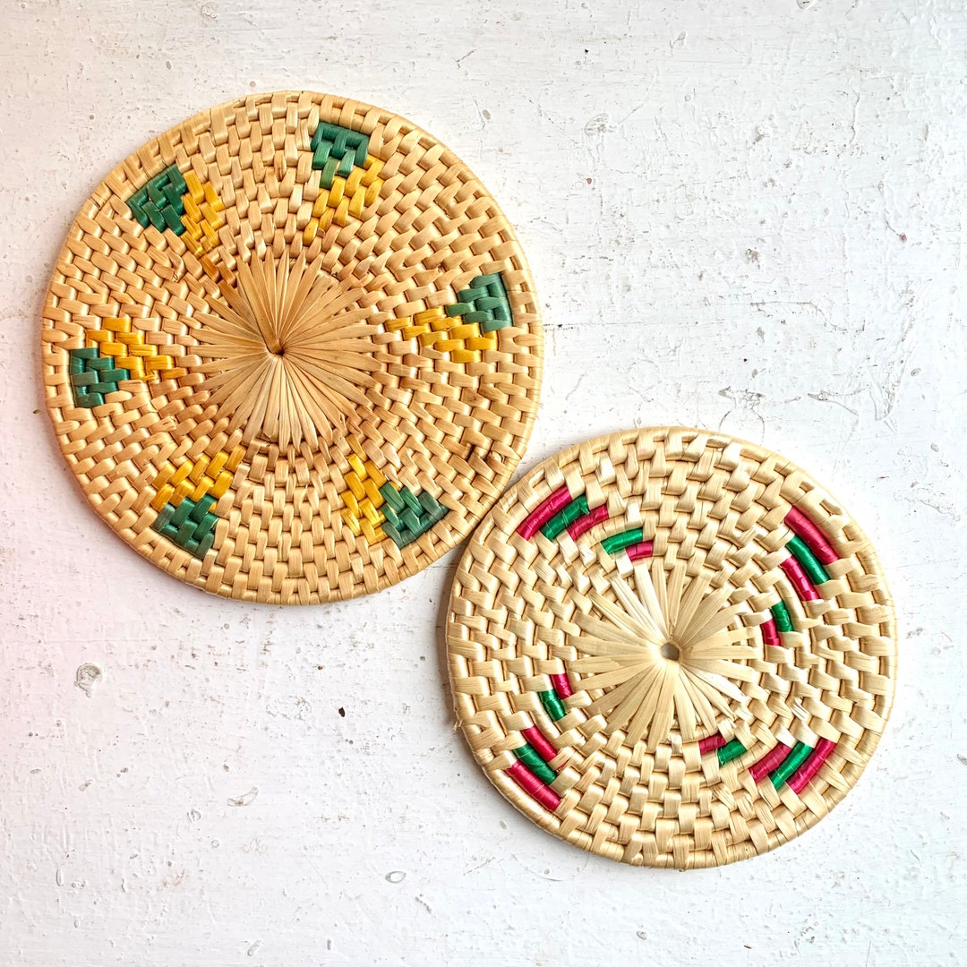 Vintage Rattan Woven Trivets, Pair Green, Yellow, Pink, Kitchen Dining ...