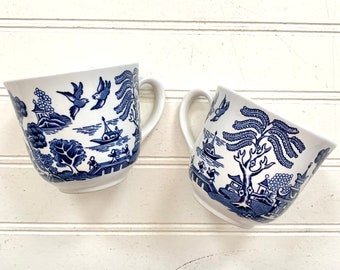 Vintage Blue Willow Mugs, Made in England, Pair Tea Cups, Coffee Mugs, Tea for Two, Asian Imagery, Pagoda, Trees, Birds, Churchill Pottery